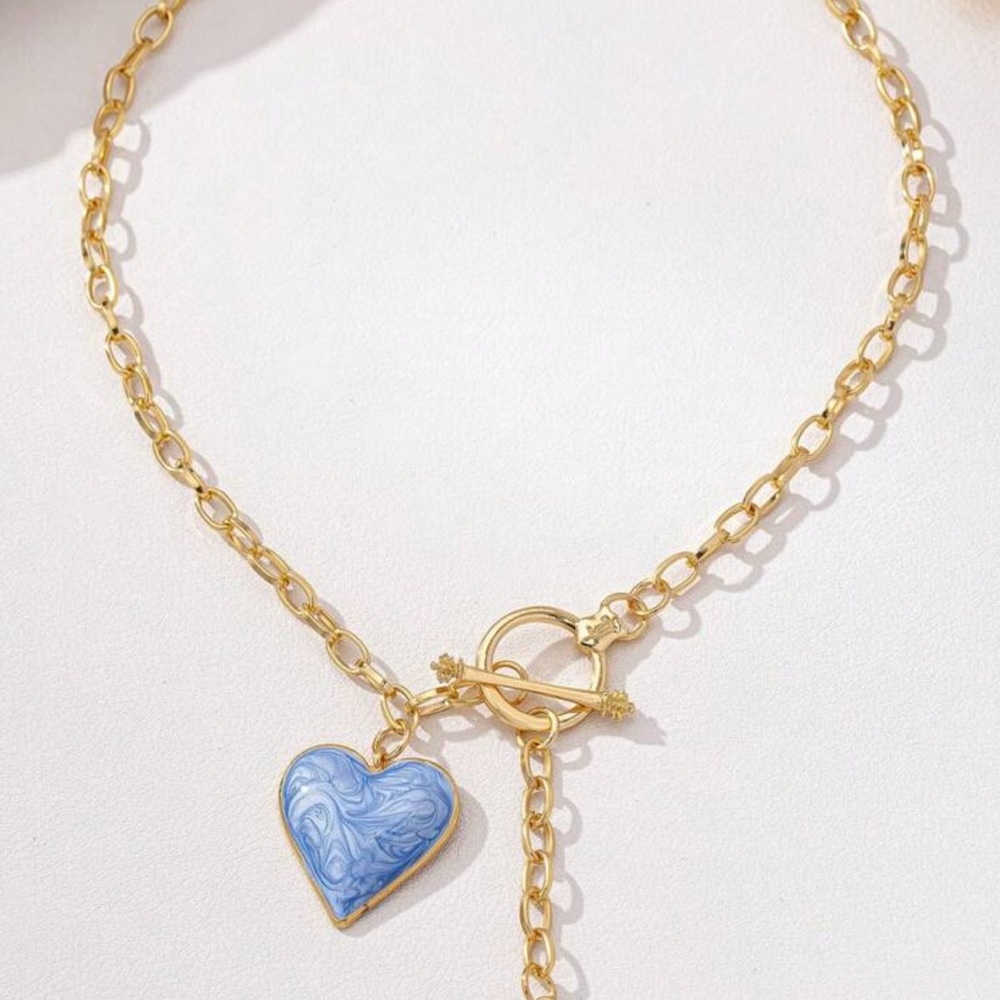 Gold Chain Necklace with Blue Heart Pendant
